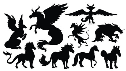 Collection of mythical creature silhouettes isolated on white background