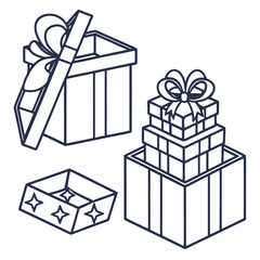 Open gift box stacked presents and star decorated box stars