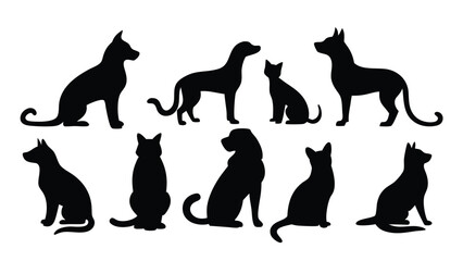 Set of 10 pet silhouettes in various poses isolated on white background