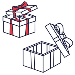 Open gift boxes with red ribbons present wrapped