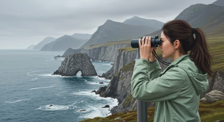 Woman Observing Coastal Cliffs with Binoculars