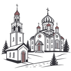 Orthodox church and bell tower winter landscape illustration cathedral