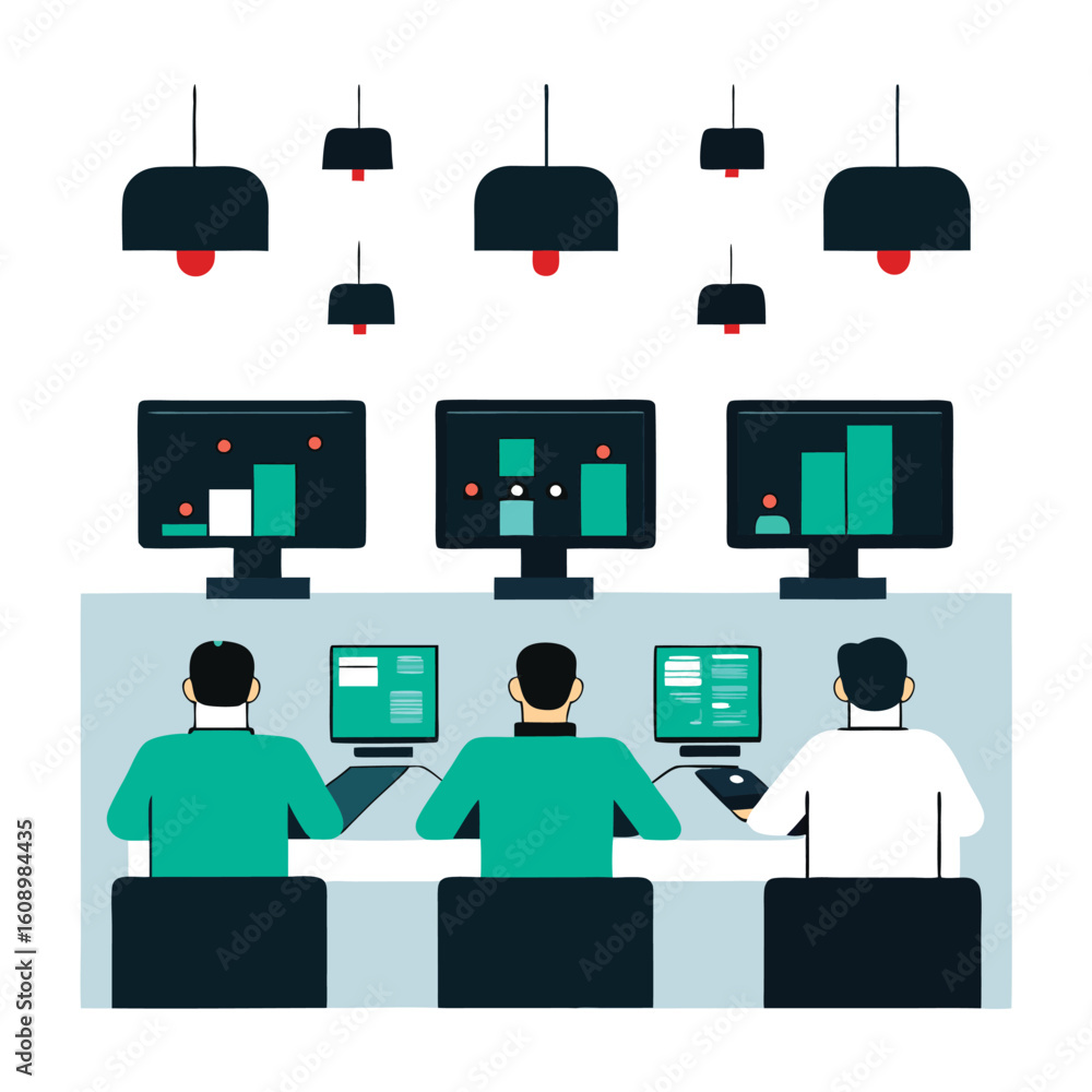 Poster stock trading floor with multiple screens showing data isolated on white background