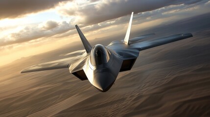 Fototapeta premium Next generation fighter jet flying over desert with futuristic camouflage, dramatic sky, detailed design