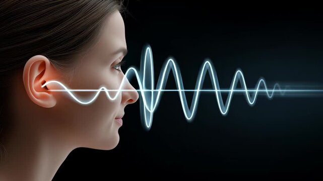 Profile of a woman with sound waves emanating from her ear, illustrating the concept of hearing and sound perception, against a dark background, highlighting the connection between sound and human exp