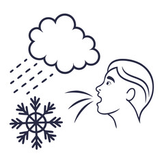 Person breathing cold air with snowflake and rain face