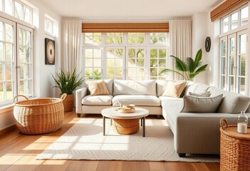 Neutral sofa, woven basket, sunlit living room, large windows,  apartment,  shadow