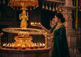 Devoted Woman in Dark Green Georgette Saree Performing Aarti Before Golden Shiva Idol