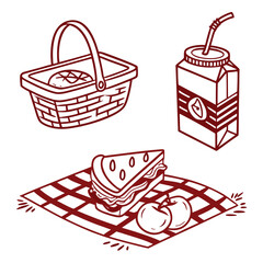 Picnic basket sandwich juice box apples checkered blanket vector