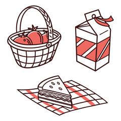 Picnic basket with tomatoes juice box and sandwich on checkered cloth vector