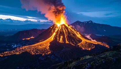 Erupting volcano at night