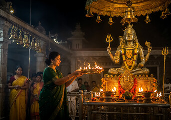 Devoted Woman in Dark Green Georgette Saree Performing Aarti Before Golden Shiva Idol