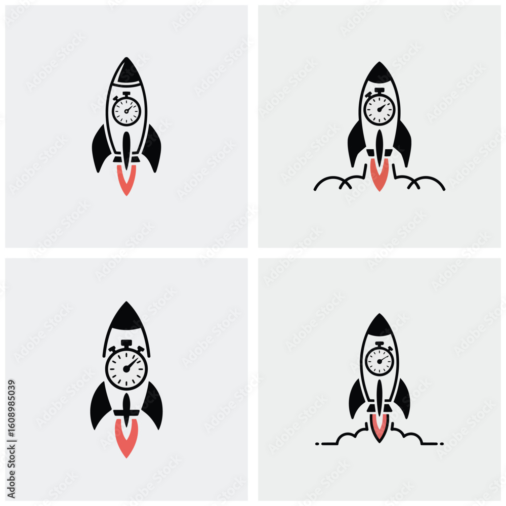 Poster four variations of a black rocket icon with a stopwatch inside launching with a red flame against a 