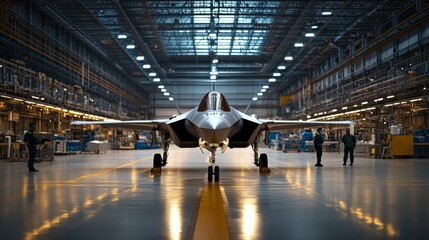 Sleek next gen fighter jet in hangar with engineers inspecting, modern military technology