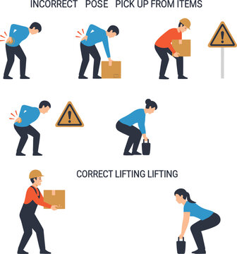 Safe and unsafe lifting techniques illustrated;  proper posture for lifting heavy objects shown.