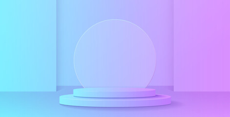 Neon podium blue pink color in bright studio and glass round palte behind. 3d stage platform for show product in room with wall and floor, vector illustration. Stage showcase in futuristic colors.