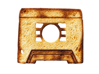 Slice of toast shaped like a vintage cassette tape, retro breakfast concept, isolated