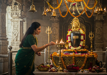 Devoted Woman in Dark Green Georgette Saree Performing Aarti Before Golden Shiva Idol