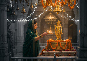 Devoted Woman in Dark Green Georgette Saree Performing Aarti Before Golden Shiva Idol