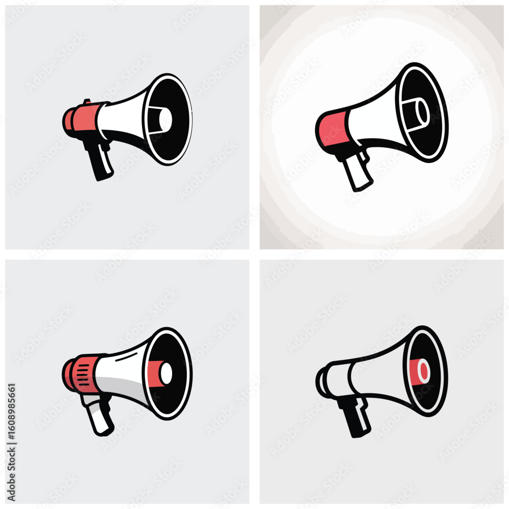 Poster four variations of a red and white megaphone icon illustration on grey backgrounds simple line art s