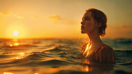 Fototapeta premium A beautiful woman is standing in the water, illuminated by the setting sun. The image evokes a sense of tranquility and peace.