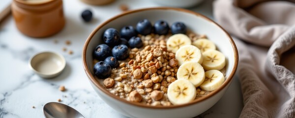 a breakfast bowl with oatmeal blueberries sliced bananas and chia seeds healthy and balanced food for blood type a morning vibe natural lighting