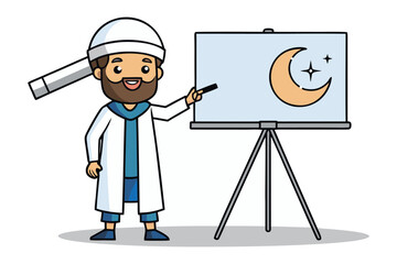 Enthusiastic muslim scholar in traditional attire presents celestial observations of the crescent moon and stars on a whiteboard