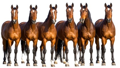 Six brown horses stand in a row against a white background