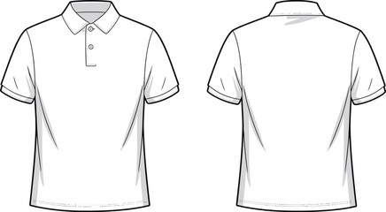 Polo shirt flat sketch, front and back vector, short sleeve fashion template, collar t-shirt design, cad drawing flat vector illustration
