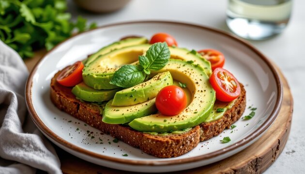 a wholesome breakfast with multigrain toast sliced avocado and cherry tomatoes great start for blood type a diet clean kitchen style