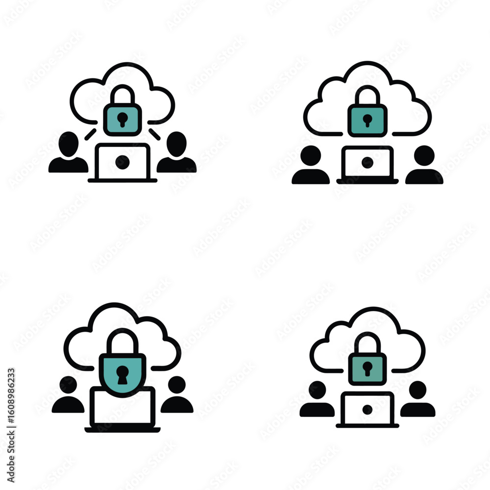 Poster four variations of a teal padlock icon atop a laptop screen flanked by two user icons all under a cl