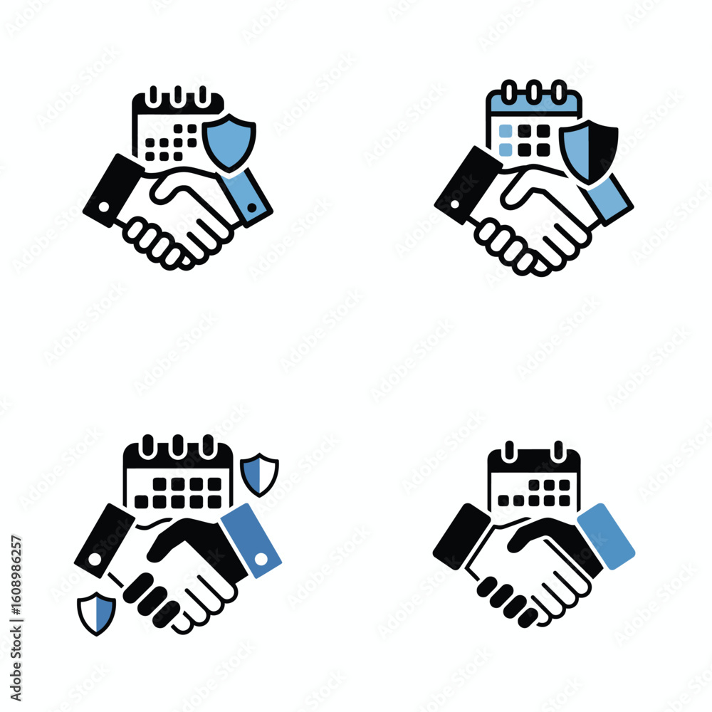 Poster four variations of a vector icon depicting a handshake agreement with a calendar and shield symboliz