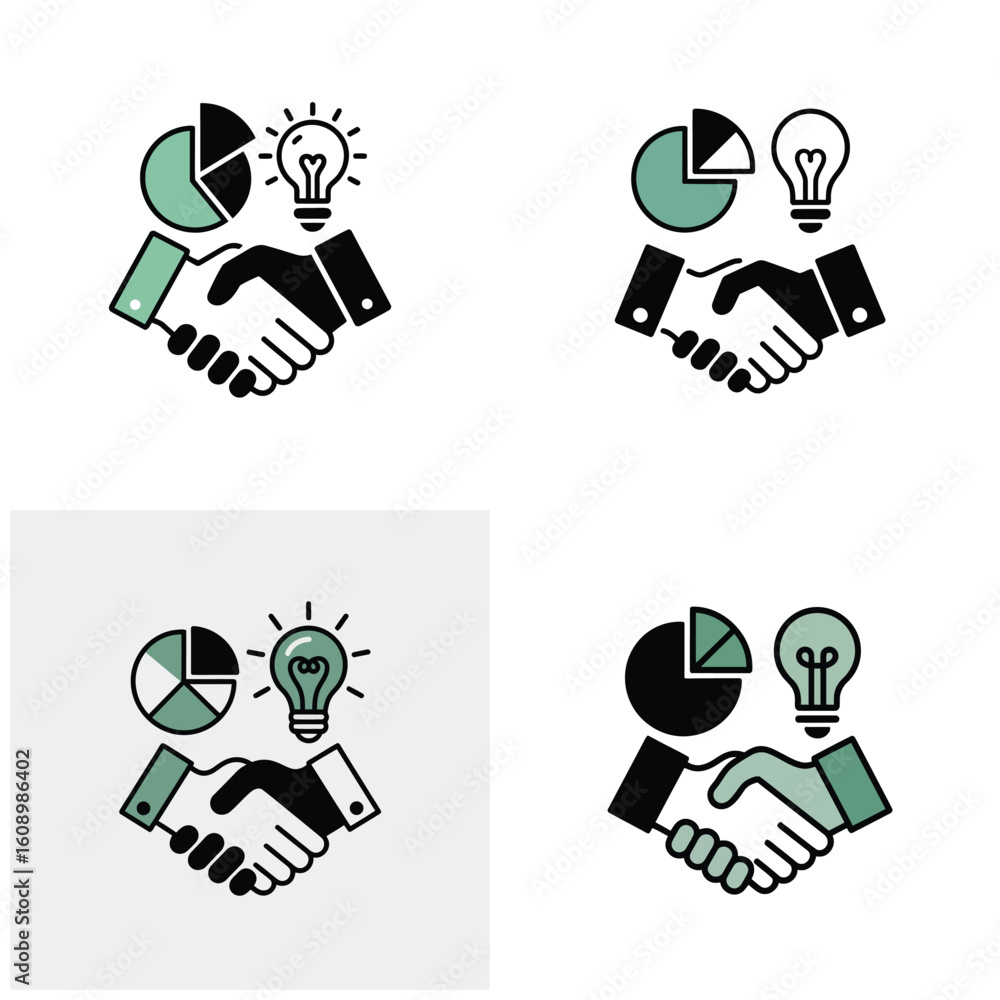 Poster four variations of a vector illustration depicting a handshake accompanied by a pie chart and a ligh