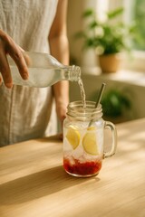 woman hand pouring sparkling water into jam jar with jam lemon and ice in soft home light concept of homemade zero waste summer drink jam girl kitchen content