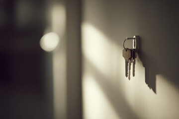set of keys hanging on stylish hook by modern door in contemporary interior
