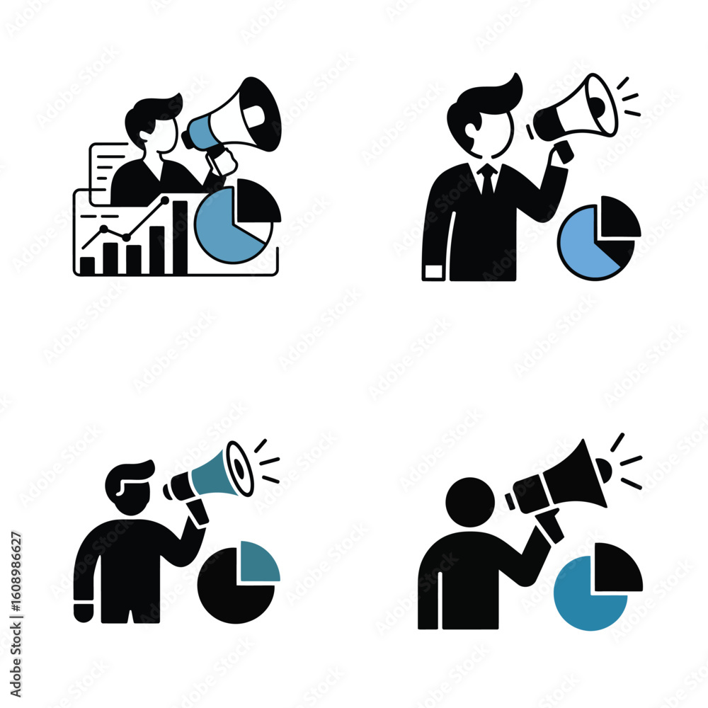Poster four vector icons depicting a person using a megaphone to announce data represented by bar graphs an