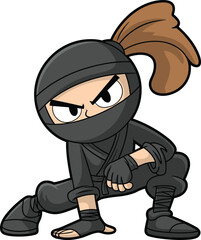 Cartoon Ninja Character Front View in Action Pose, Black Outfit, Martial Arts Theme, Fierce Expression, Vector Illustration, Dynamic Hero Design