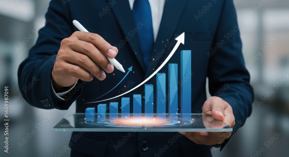 Poster business professional interacting with 3d graph on transparent tablet. digital analytics and growth 