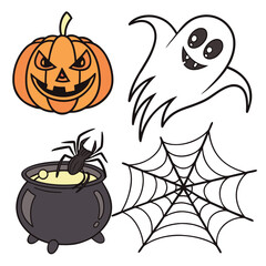 Spooky Halloween Icons Pumpkin Ghost Spider Cauldron Cobweb vector