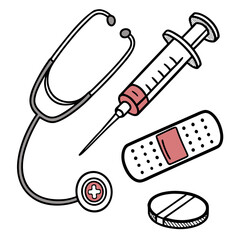 Stethoscope syringe bandage pill medical symbols medical equipment