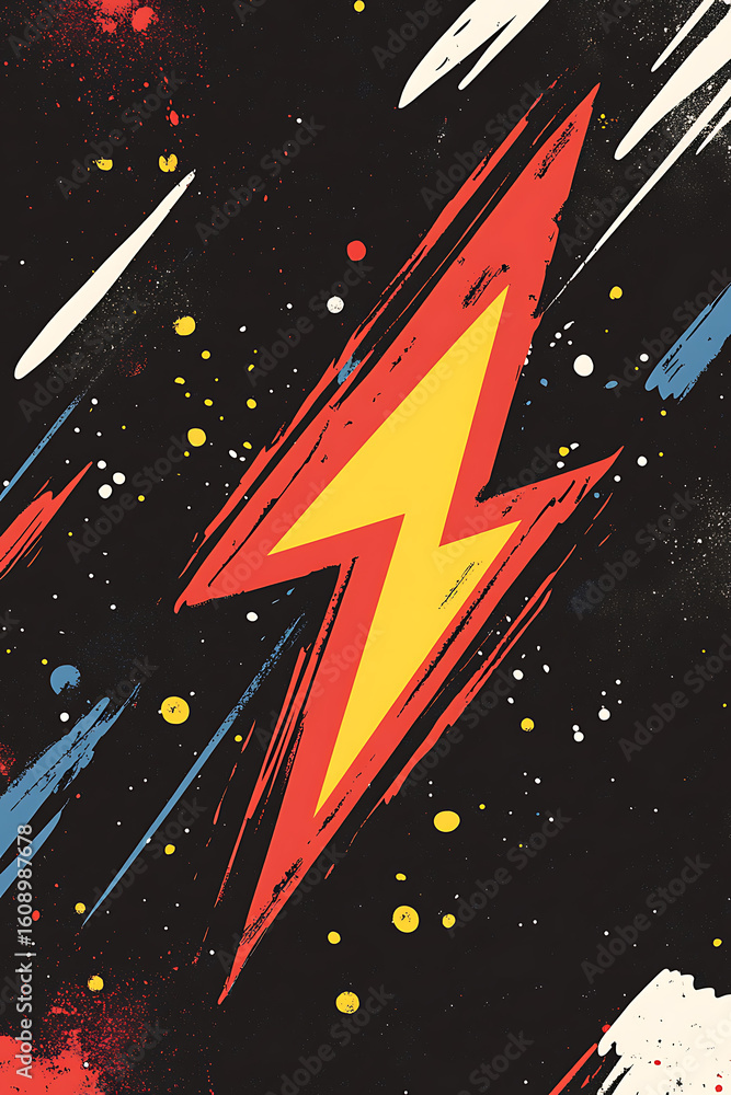 Poster vibrant lightning bolt graphic on a dark background with colorful splashes and dynamic lines