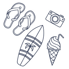 Summer vacation icons flip flops surfboard camera ice cream vector