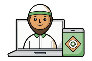 Digital connection and islamic representation a muslim man appears on a laptop screen alongside a smartphone displaying an islamic symbol