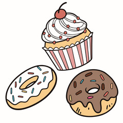 Sweet treats cupcake and donuts with sprinkles and cherry frosting