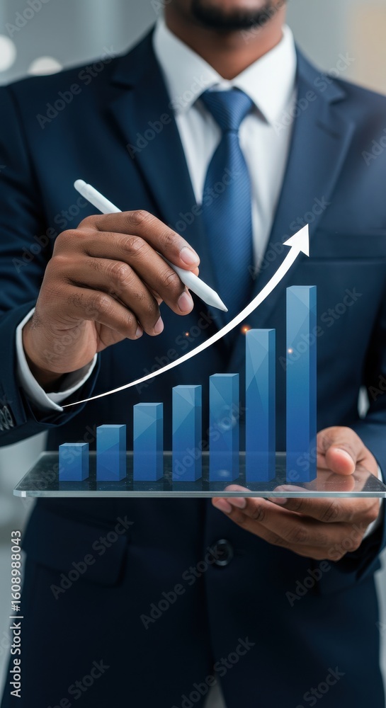 Poster business professional interacting with 3d graph on transparent tablet. digital analytics and growth 