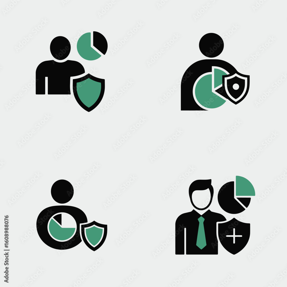 Poster four black and teal icons depicting data protection and security with pie charts and shields represe