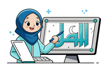 A cheerful muslim woman in a blue hijab enthusiastically teaching about islamic architecture on a computer screen