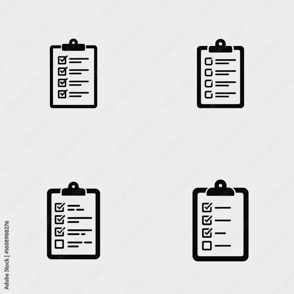 Poster four black and white checklist icons on gray backgrounds showing checkboxes with green check marks a