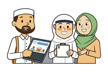 Smiling muslim family engages with technology showcasing digital learning and online community engagement with a tablet and smartphone