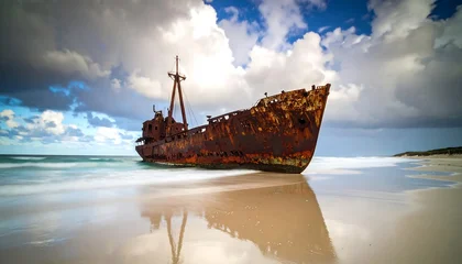 Rolgordijnen Rusty shipwreck on beach, dramatic sky © rio